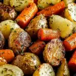 Garlic Herb Roasted Potatoes Carrots and Zucchini – Easy Side Dish 6 Close-up of garlic herb roasted potatoes and carrots with crispy edges and fresh herbs on a baking tray.