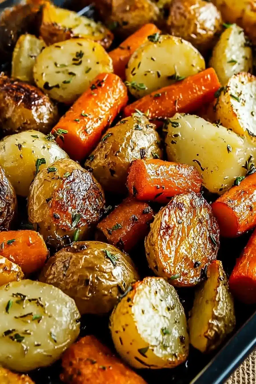Close-up of garlic herb roasted potatoes and carrots with crispy edges and fresh herbs on a baking tray.