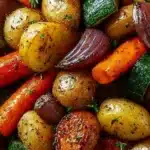 Garlic Herb Roasted Veggies – Crispy, Easy, and Flavor-Packed Side Dish 5 Close-up of garlic herb roasted vegetables with crispy carrots, potatoes, zucchini, and onions.
