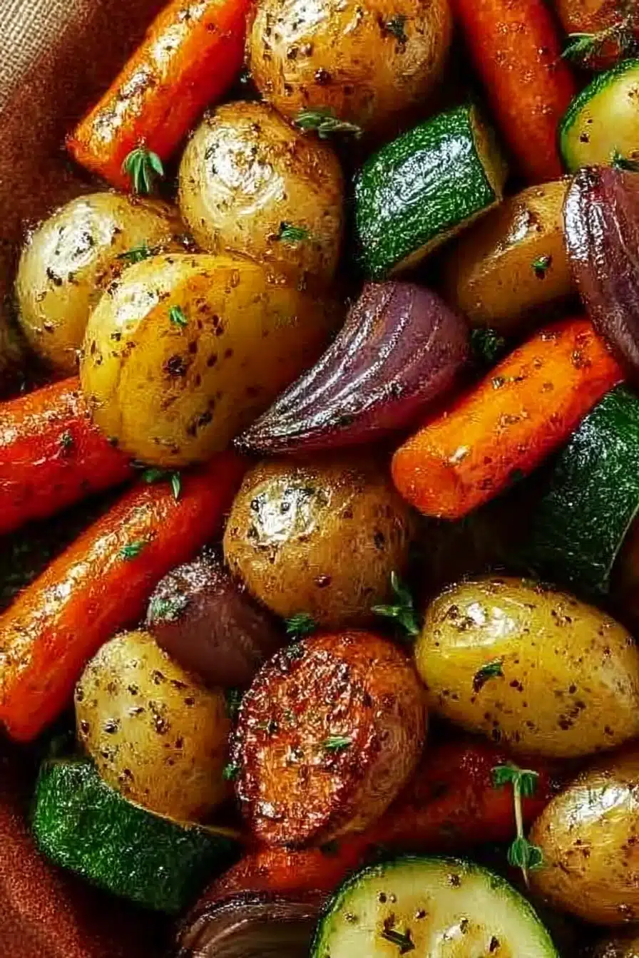 Close-up of garlic herb roasted vegetables with crispy carrots, potatoes, zucchini, and onions.