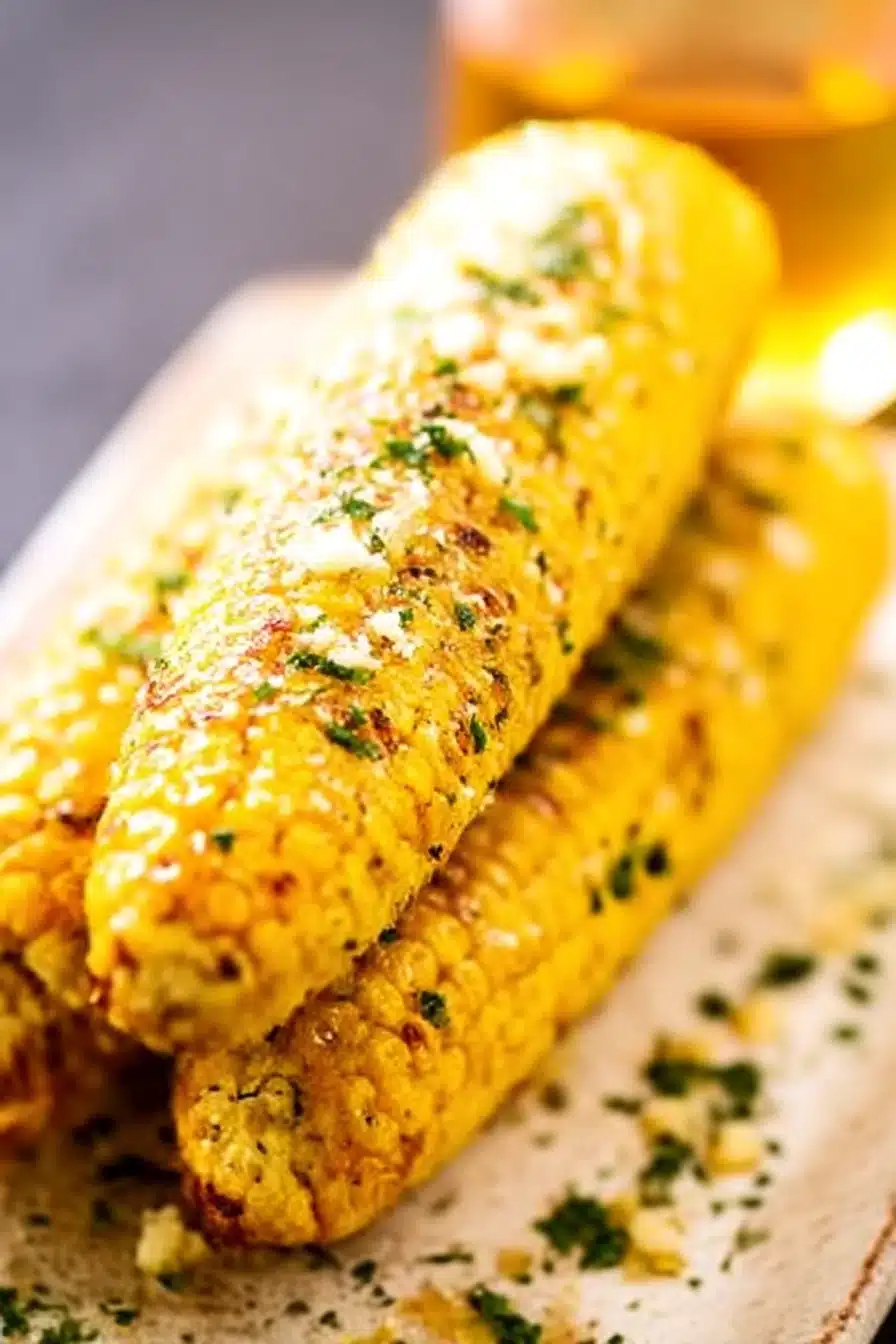 Garlic Parmesan Grilled Corn on the Cob stacked on a rustic plate with melted butter and parsley