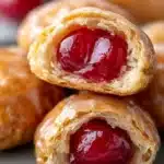 Cherry Pie Bites – Easy & Delicious Mini Dessert Recipe 9 Close-up of glazed cherry pie bites with golden crust and juicy cherry filling on a ceramic plate