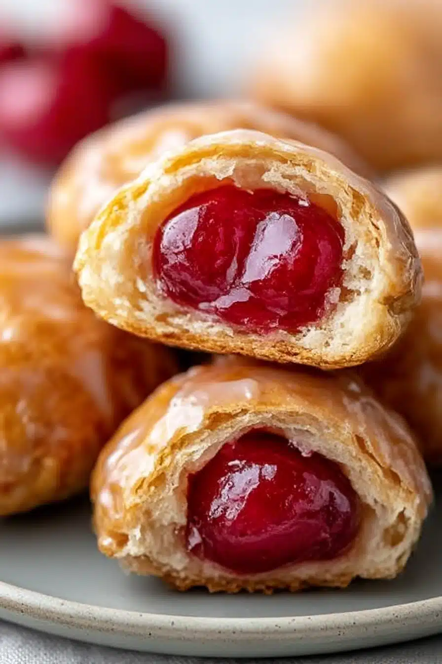 Close-up of glazed cherry pie bites with golden crust and juicy cherry filling on a ceramic plate