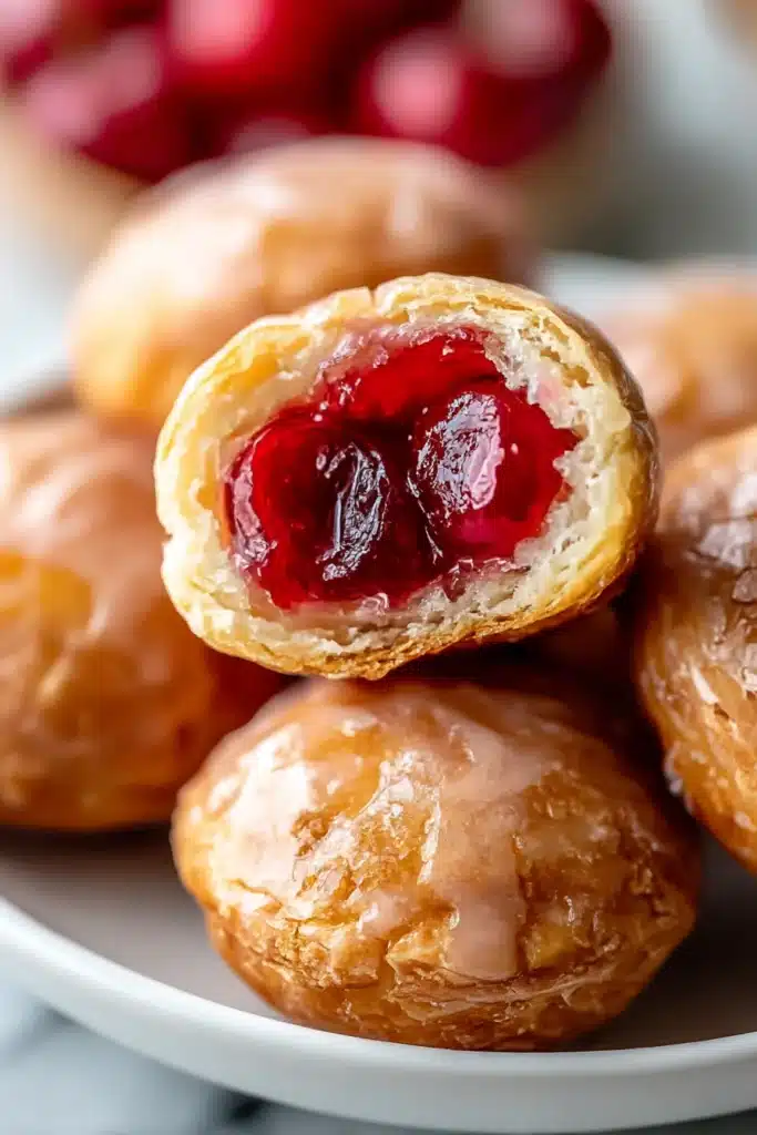 Cherry Pie Bites – Easy & Delicious Mini Dessert Recipe 8 Stack of glazed cherry pie bites in a bowl with one cut open to reveal juicy cherry filling
