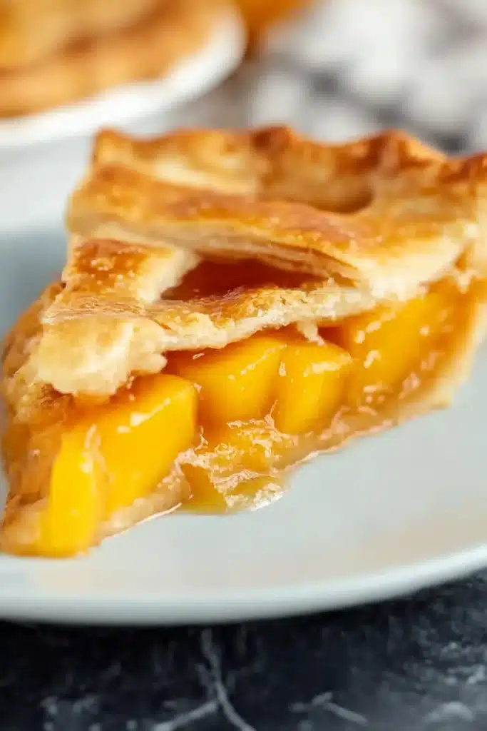 Close-up of gooey peach pie filling with golden crust on a plate