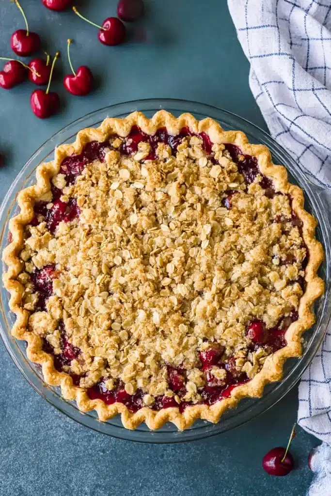 Cherry Crumble Pie – Buttery, Juicy, and Easy to Make 11 Overhead view of a fully baked cherry crumble pie with golden oat topping and bubbling cherry filling