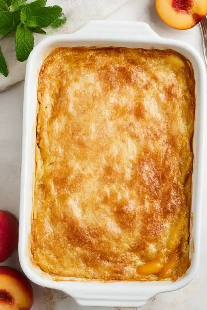 Fully baked peach cobbler with cake mix in a white ceramic dish, showing golden crisp topping and caramelized edges