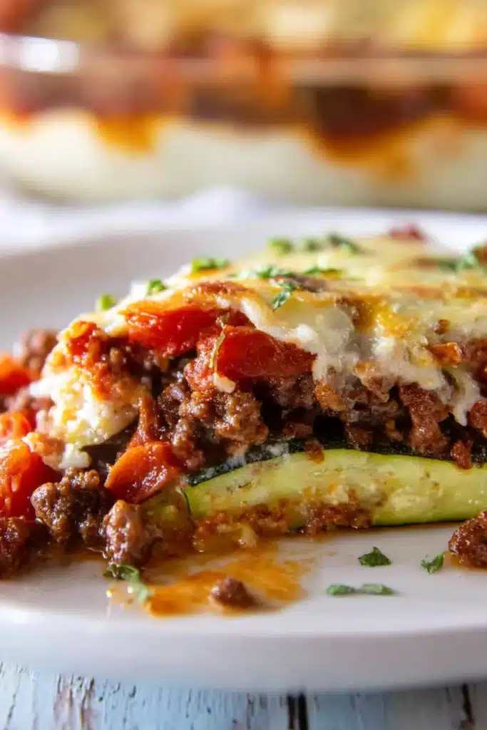Ground Beef Zucchini Casserole | Easy Low-Carb Dinner Idea 8 Close-up of cheesy ground beef zucchini casserole with zucchini, beef, and tomato layers