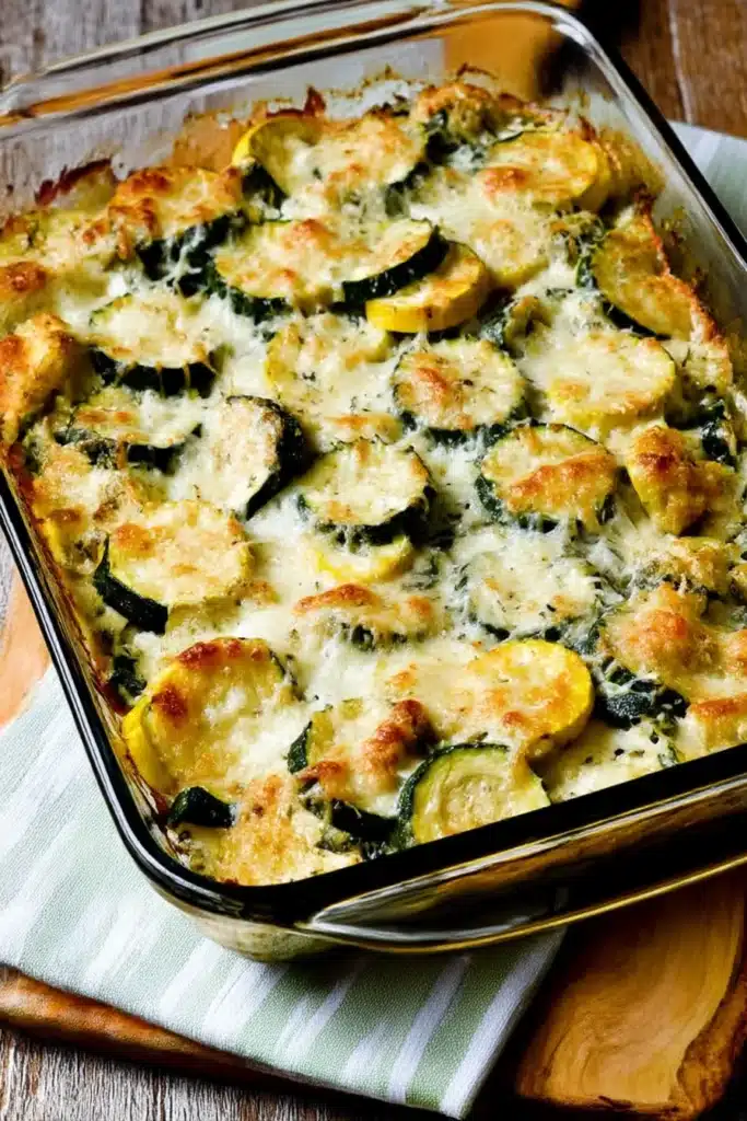 Overhead view of Easy Cheesy Zucchini Bake with golden cheese crust in a glass dish on a rustic wooden table.

