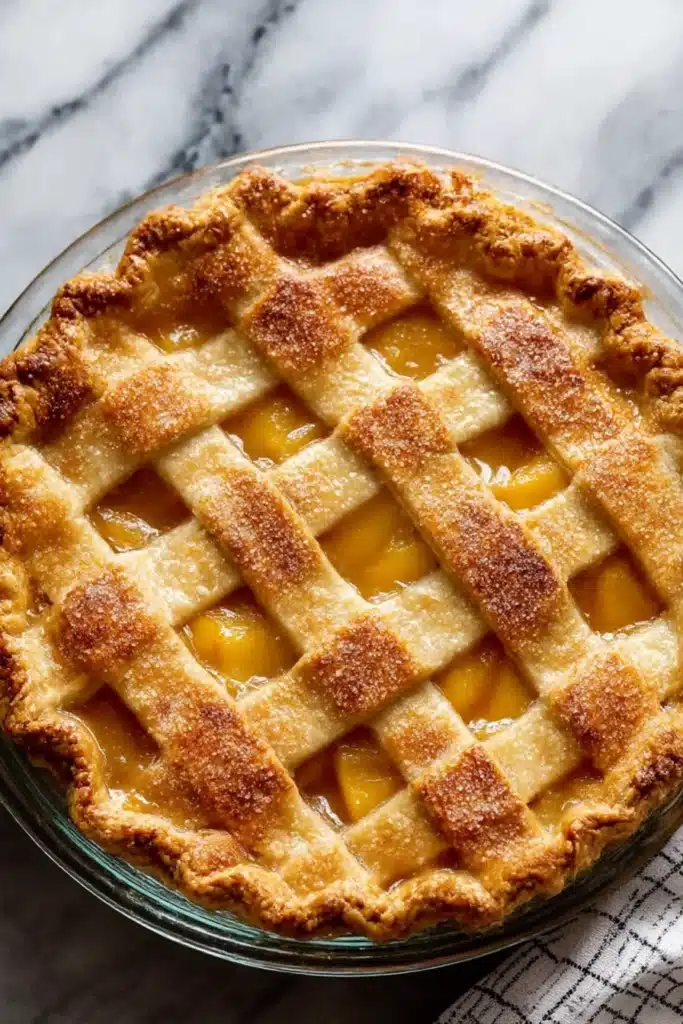 The Best Peach Pie – Gooey, Golden, and Packed with Flavor 7 Whole peach pie with golden lattice crust and glossy filling in a clear pie dish