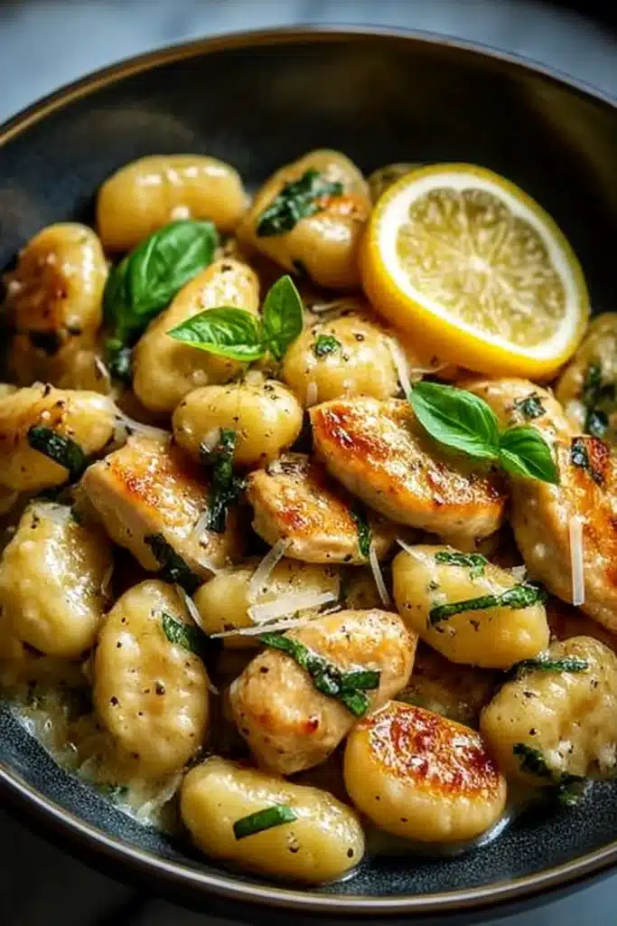 Lemon Chicken Gnocchi: Creamy One-Pot Dinner Delight 5 Golden Lemon Chicken Gnocchi with Basil and Parmesan