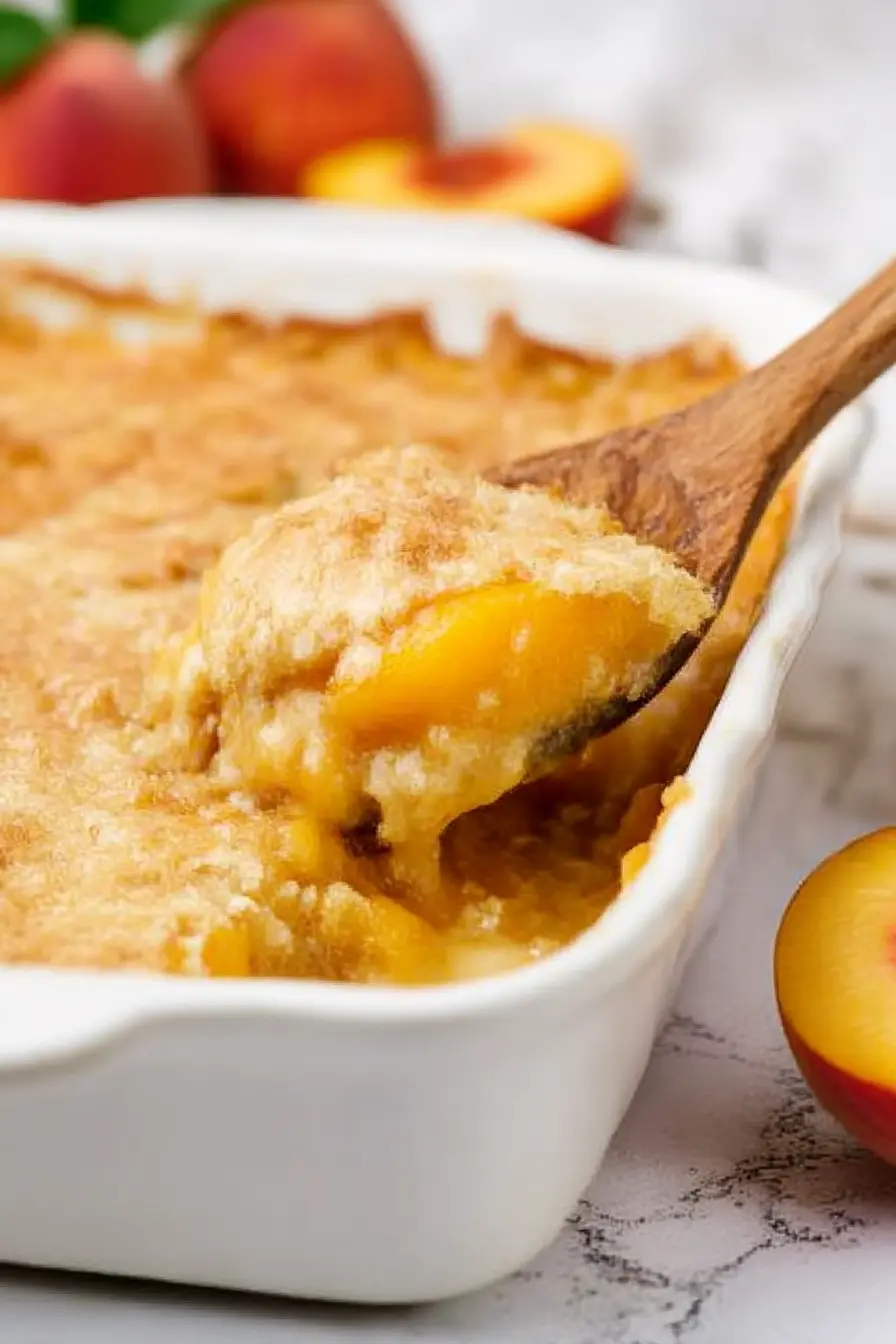 Freshly baked peach cobbler with cake mix being scooped with a wooden spoon from a white ceramic dish, featuring golden crisp topping and juicy peaches