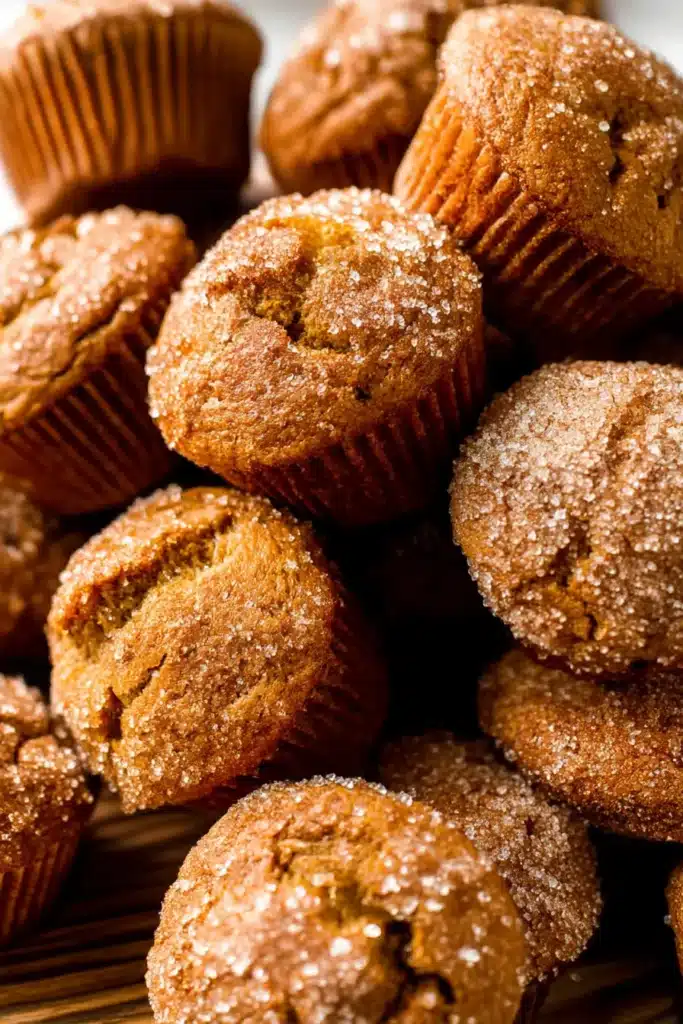 Easy Pumpkin Muffins – Super Moist One-Bowl Fall Recipe 10 A close-up pile of golden pumpkin muffins with sparkling sugar tops and rustic cracked domes