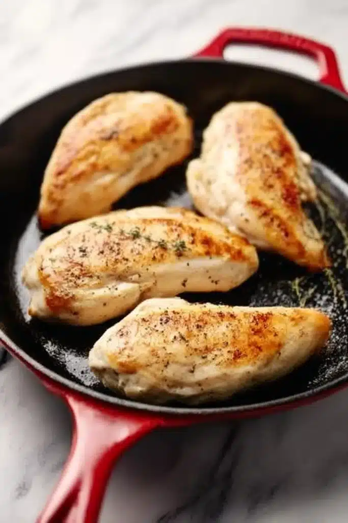 Golden seared chicken breasts in a red-handled cast iron skillet on a wood table

