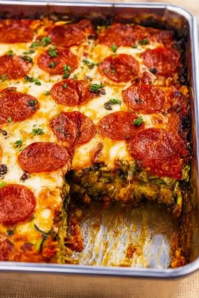 Zucchini Pizza Casserole: A Delicious Low-Carb Summer Favorite 4 Top view of zucchini pizza casserole with melted cheese and pepperoni, one slice removed to reveal the zucchini crust base.