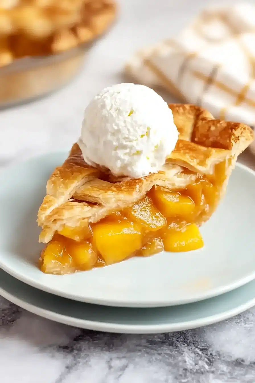 A slice of the best peach pie with golden crust, gooey peach filling, and vanilla ice cream on a white plate