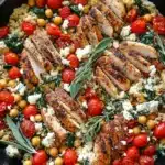 One-pot Greek Chicken and Lemon Rice with tomatoes, chickpeas, feta, and spinach in a rustic skillet"