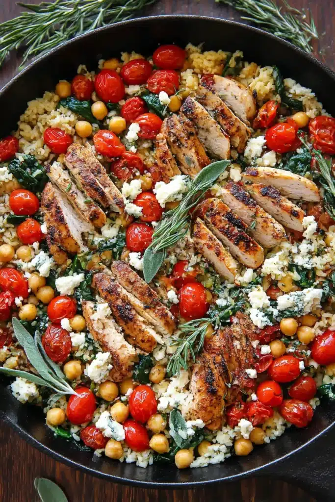 One-pot Greek Chicken and Lemon Rice with tomatoes, chickpeas, feta, and spinach in a rustic skillet"