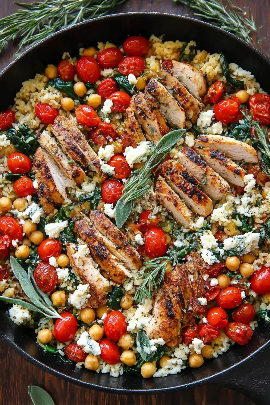 One-pot Greek Chicken and Lemon Rice with tomatoes, chickpeas, feta, and spinach in a rustic skillet"
