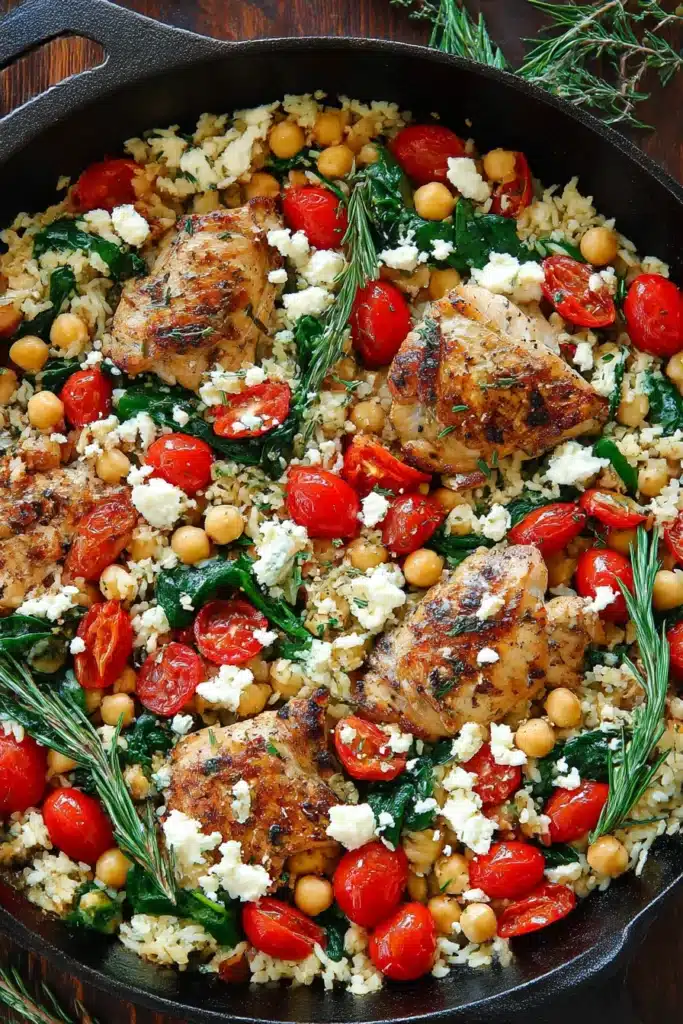 Rustic skillet of Greek Chicken and Lemon Rice with chickpeas, spinach, tomatoes, and feta on a wooden table