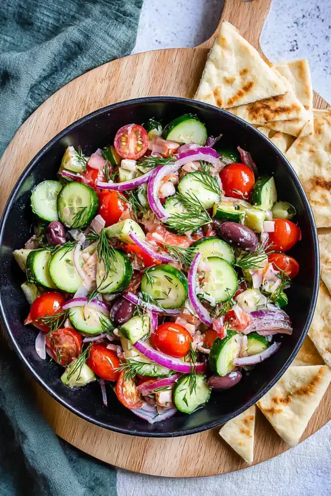 Greek Cucumber Salad – Quick, Fresh & Amazing Flavor 8 Top view of Greek cucumber salad with cherry tomatoes, olives, red onion, and pita bread in a black bowl