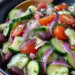 Greek Cucumber Salad – Quick, Fresh & Amazing Flavor 9 Fresh Greek cucumber salad with tomatoes, olives, and red onion in a black bowl