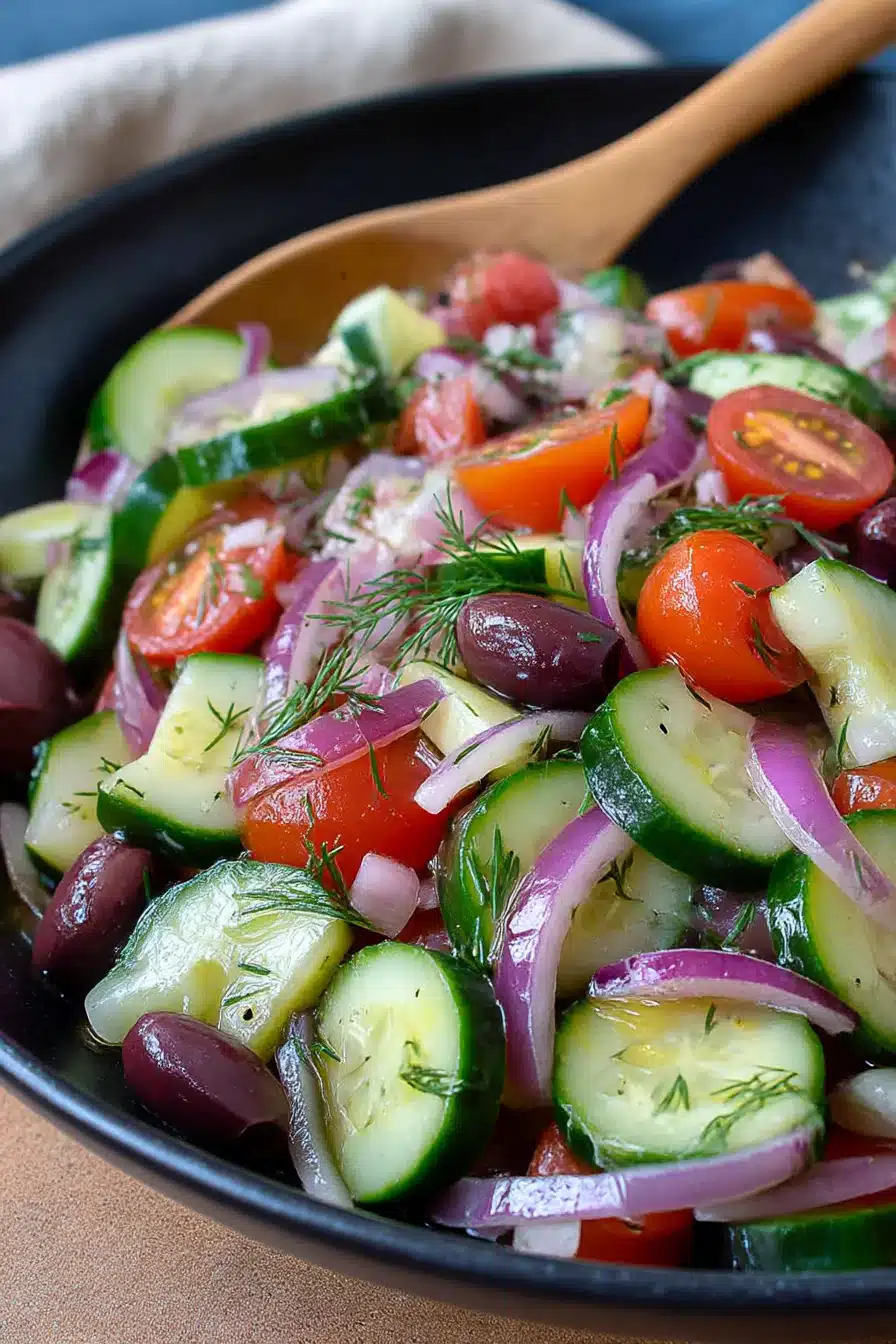 Fresh Greek cucumber salad with tomatoes, olives, and red onion in a black bowl