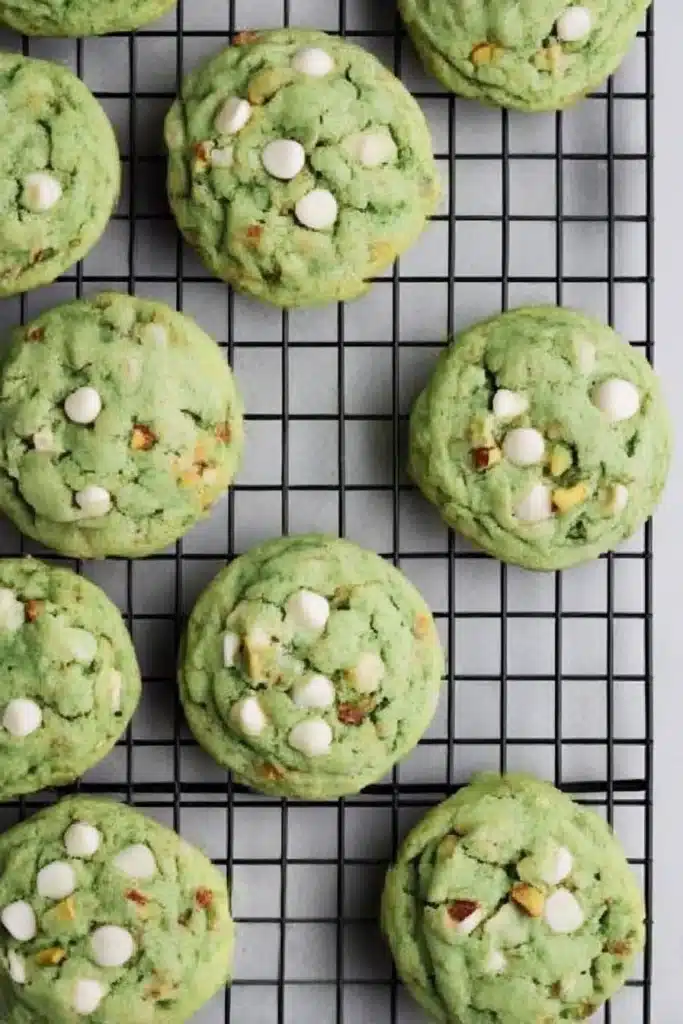 Pistachio Pudding Cookies – Soft, Chewy & Easy to Make 6 Top view of pistachio pudding cookies with white chocolate chips on a black wire rack, baked to soft perfection with visible pistachio pieces.