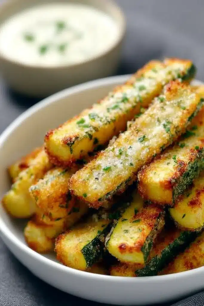 Air Fryer Zucchini Fries: Crispy, Cheesy & Guilt-Free 6 Golden herb-crusted air fryer zucchini fries topped with sea salt and parsley in a white bowl