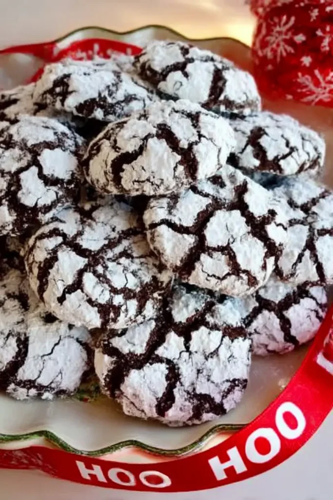 Chocolate Crinkle Cookies – Fudgy, Festive & Easy to Make 5 Festive plate of chocolate crinkle cookies with powdered sugar and red holiday ribbon