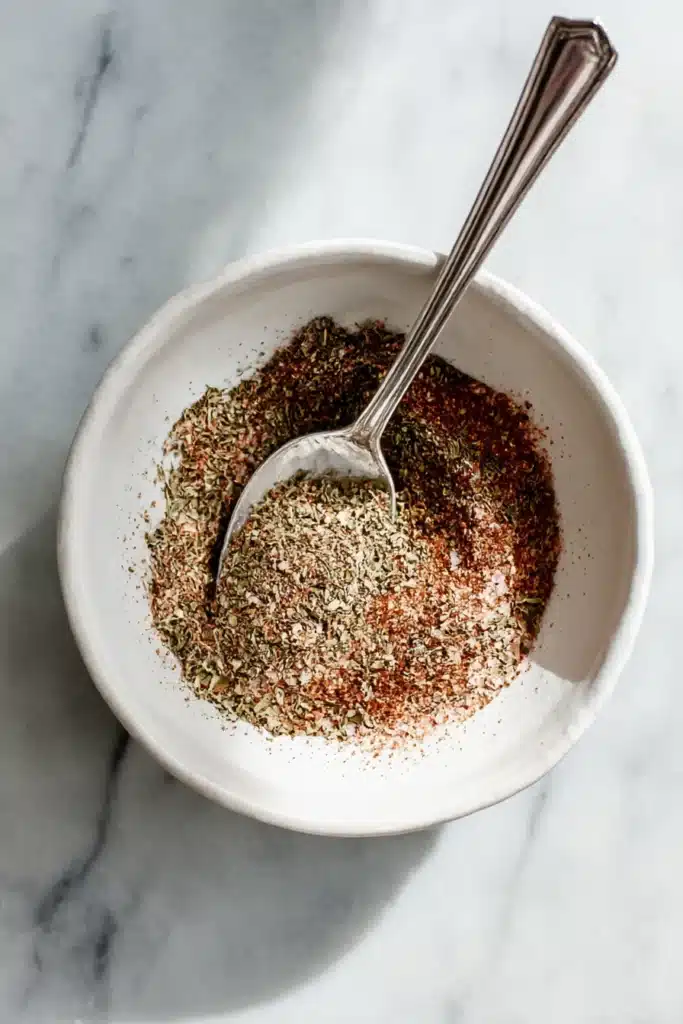 Herb and paprika seasoning mix in a white bowl with a spoon on a marble countertop.

