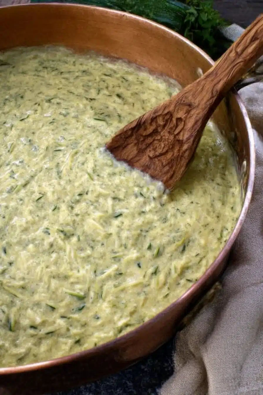 Creamy zucchini sauce simmering in a skillet with wooden spoon and fresh herbs