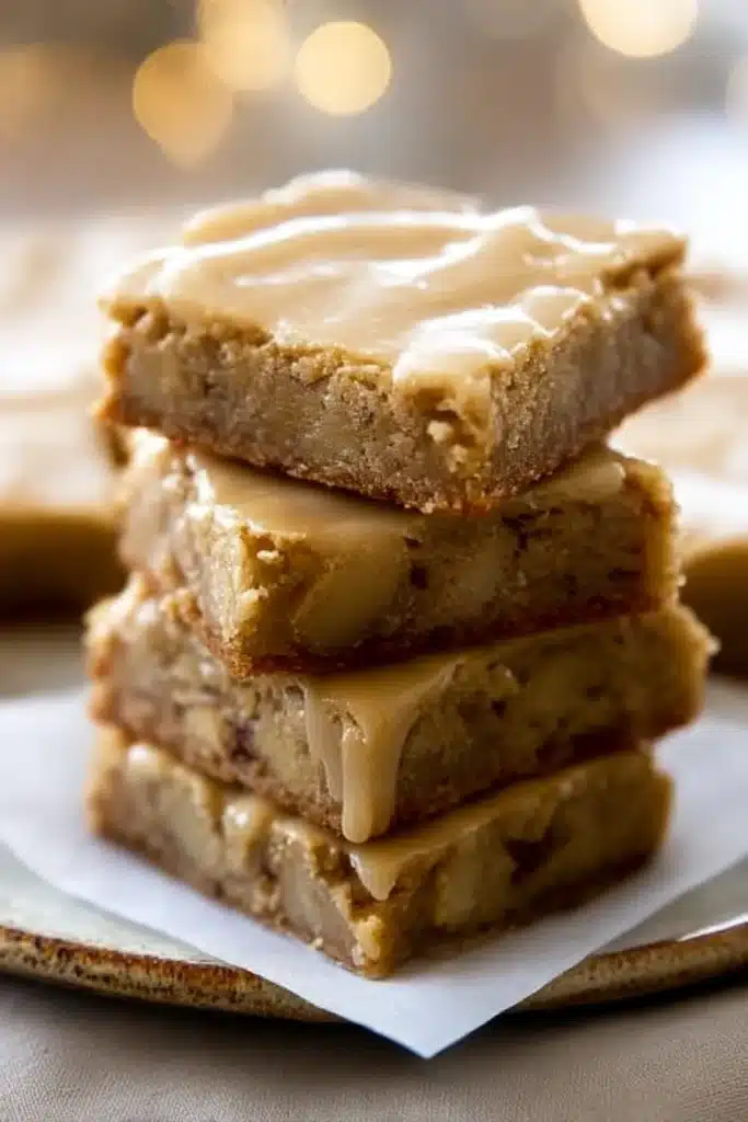 Chewy maple glazed apple blondies stacked on a plate, topped with a glossy maple icing and filled with chunks of baked apple.