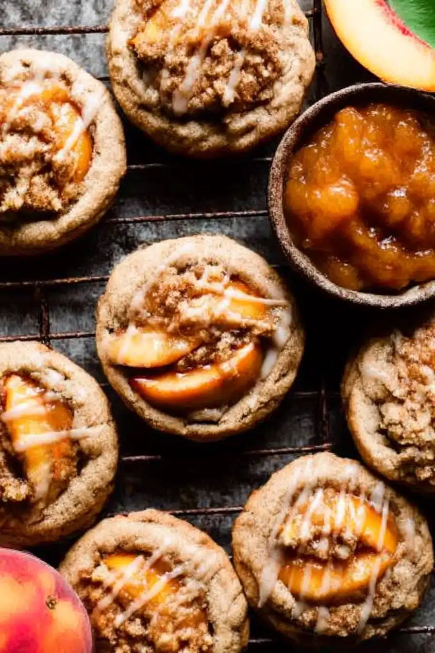 Chewy peach cobbler cookies with peach filling and crumble topping on a cooling rack with fresh peaches and glaze drizzle