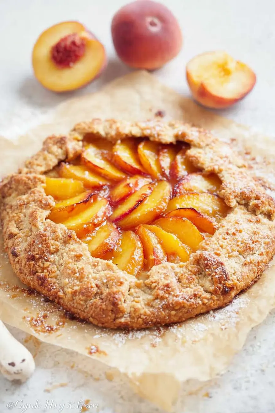 Rustic peach galette with golden flaky crust and juicy peach filling on parchment paper