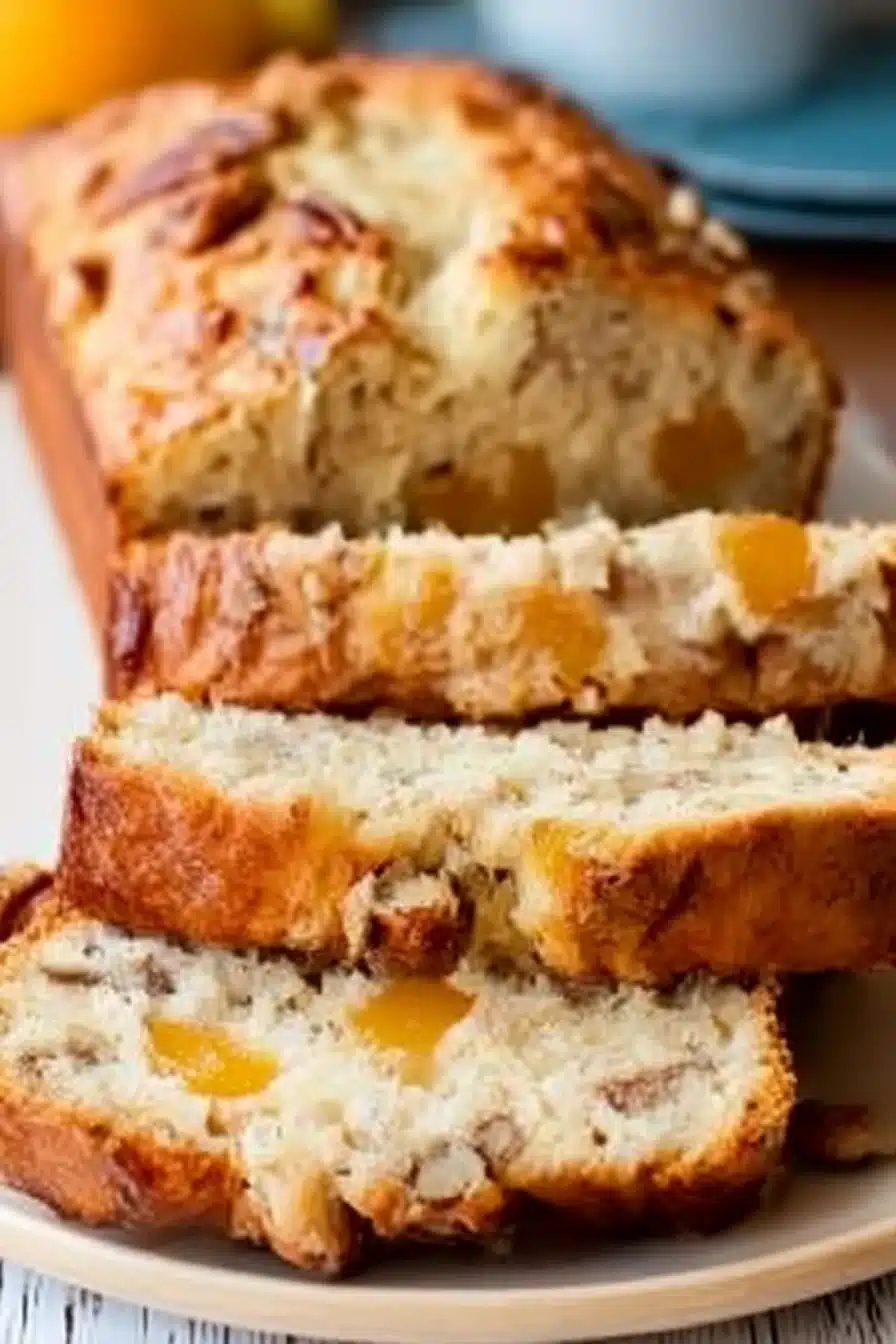 Moist peach pecan bread sliced on a plate, showing chunks of peaches and pecans in a golden crust.