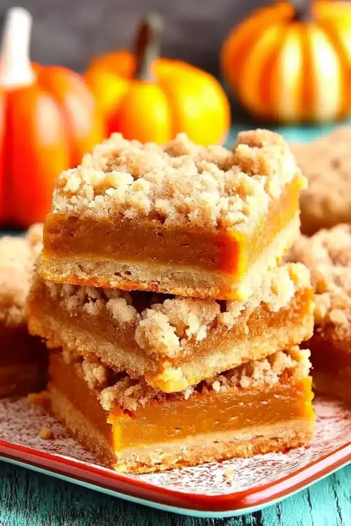 Pumpkin pie bars with crumb topping and creamy filling stacked on a plate with fall pumpkins in the background.