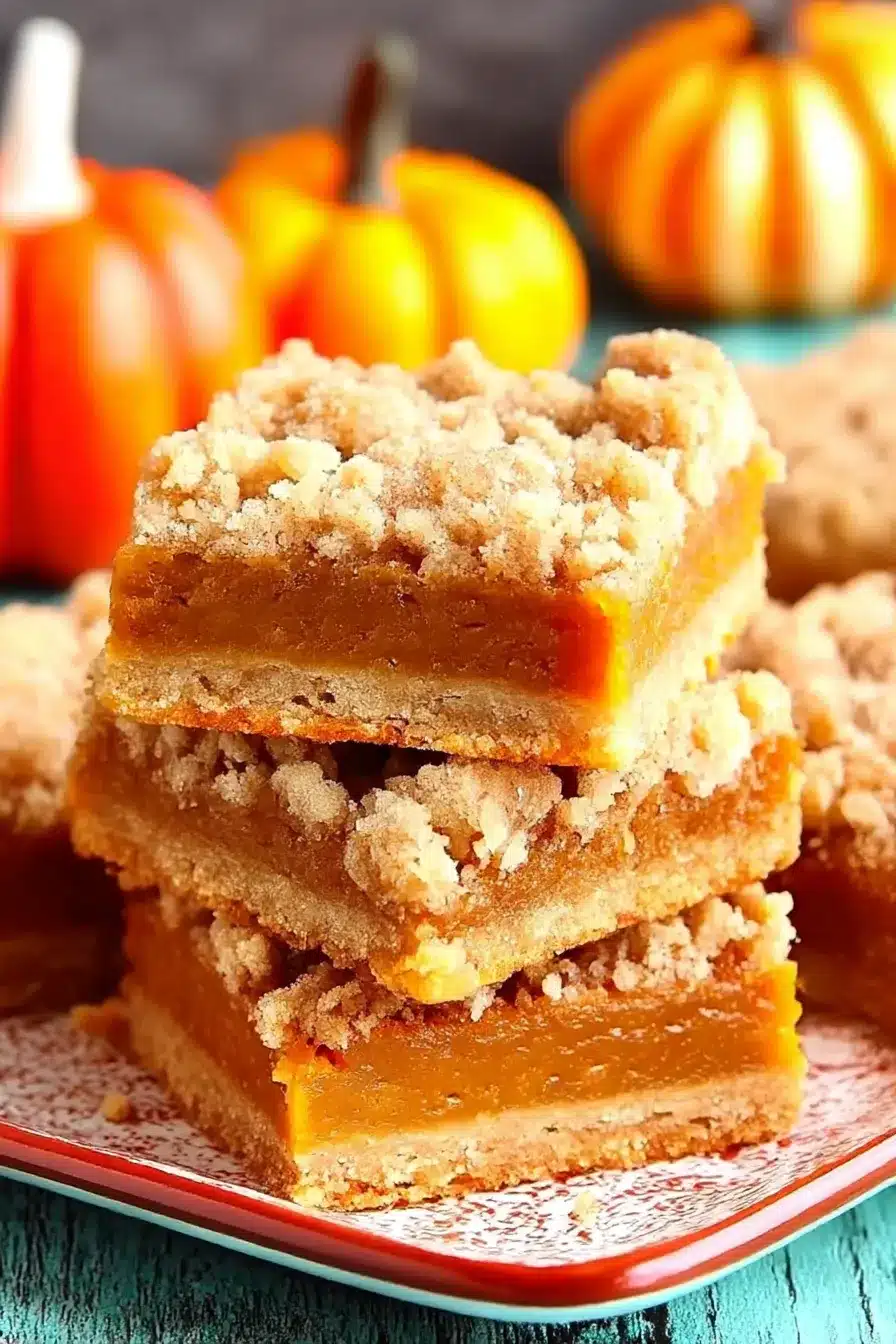 Pumpkin pie bars with crumb topping and creamy filling stacked on a plate with fall pumpkins in the background.