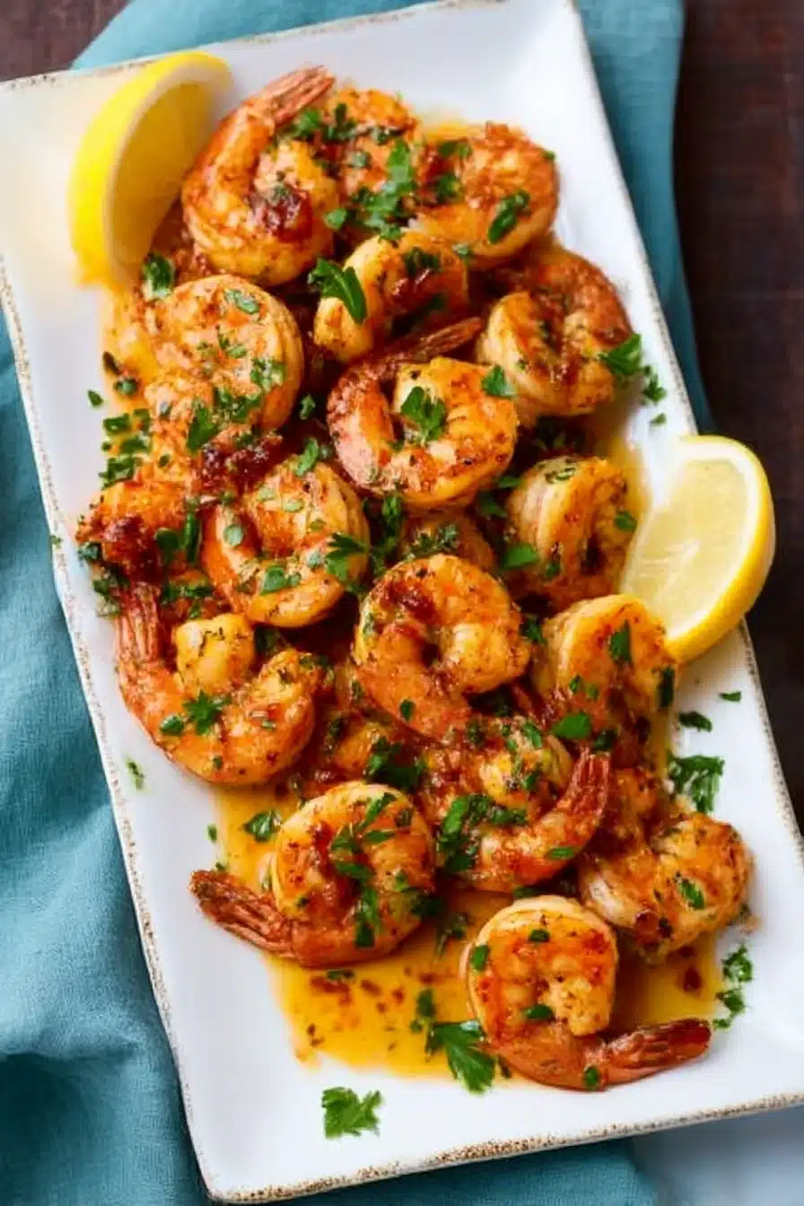 Golden honey garlic butter shrimp garnished with parsley and lemon, served on a platter with rich buttery garlic sauce.