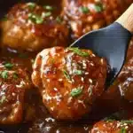 Close-up of glazed honey garlic chicken thighs topped with sesame seeds and scallions in a rich soy-honey sauce.
