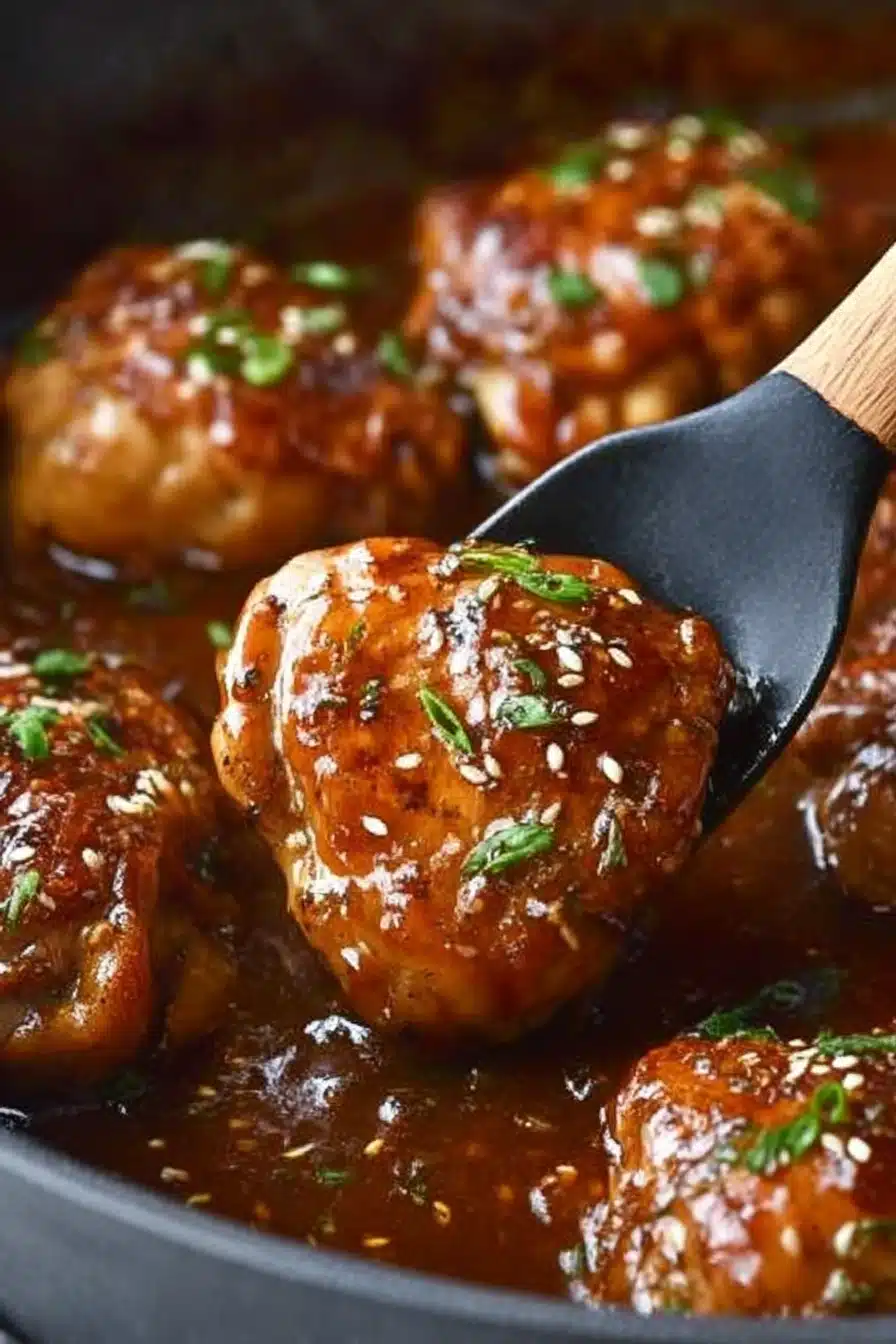 Close-up of glazed honey garlic chicken thighs topped with sesame seeds and scallions in a rich soy-honey sauce.