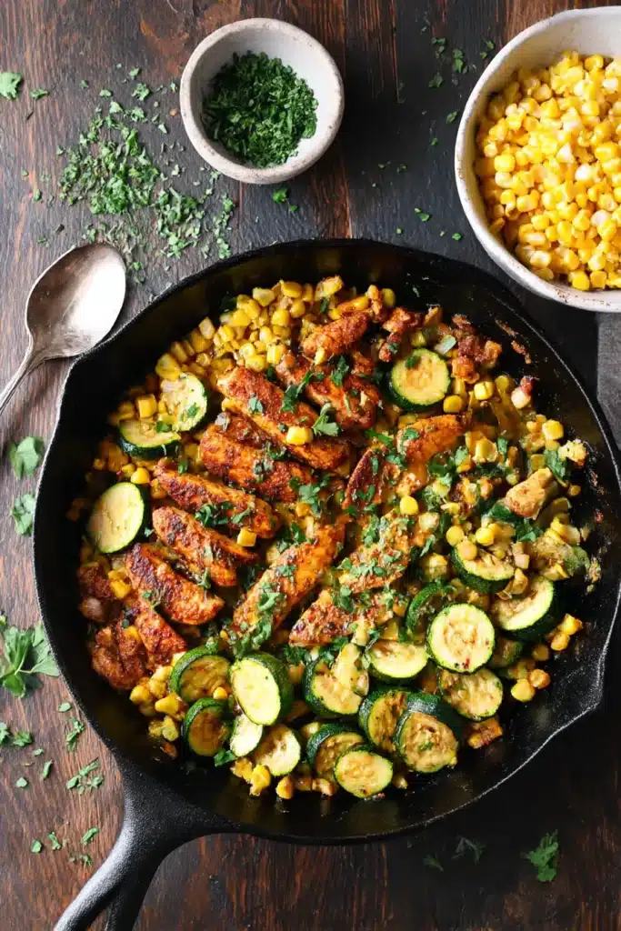 Garlic Butter Chicken with Zucchini and Corn – A Simple, Delicious Weeknight Win 8 Overhead skillet of garlic butter chicken with blistered corn and pan-seared zucchini, styled with fresh herbs on a rustic table