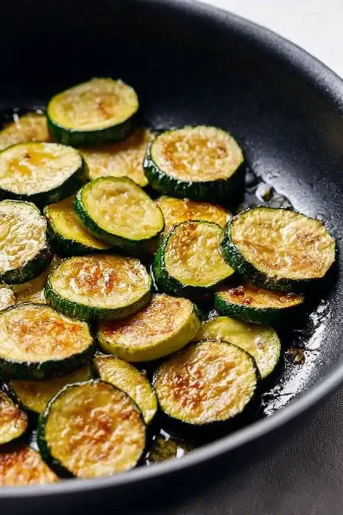 Sautéed zucchini cooking in a black skillet with golden crispy edges and oil

