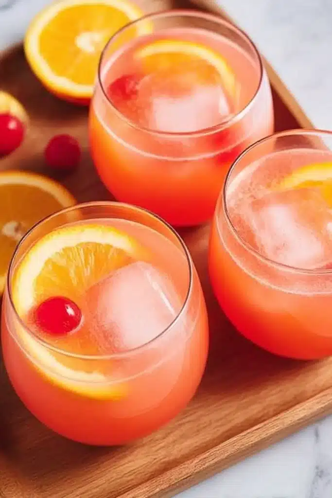 Shirley Temple Party Punch – Easy, Fizzy & Fun Summer Drink 8 Three glasses of Shirley Temple punch with ice, orange slices, and cherries on a wooden tray.