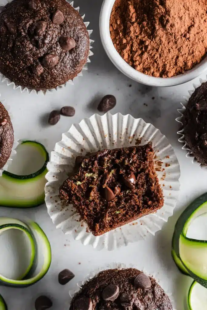 Chocolate Zucchini Muffins Delicious & Easy 10 Moist chocolate zucchini muffin with a bite taken, showing soft crumb and melted chocolate chips