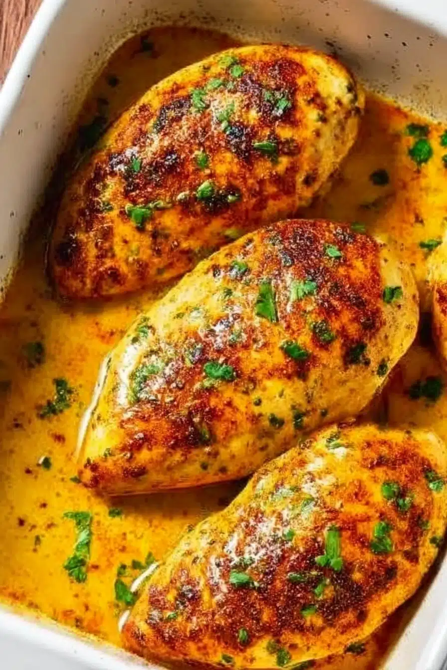 Chicken breast recipes boneless baked in a white dish, golden and juicy with garlic herb seasoning and rich pan juices