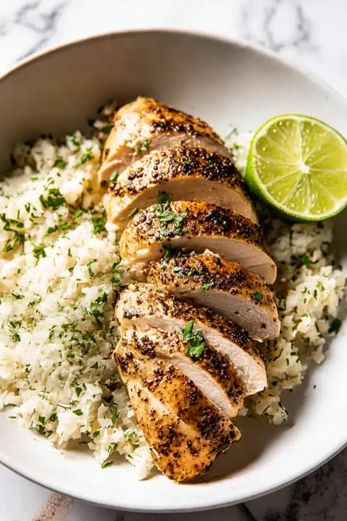 Sliced baked chicken breast served over cauliflower rice with herbs and lime.