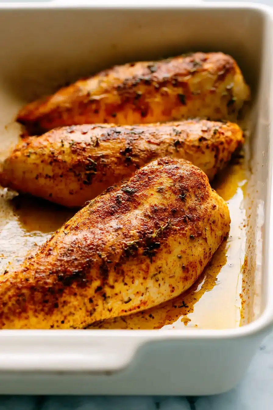 Golden baked chicken breasts with crispy seasoning in a white baking dish, resting in flavorful juices.
