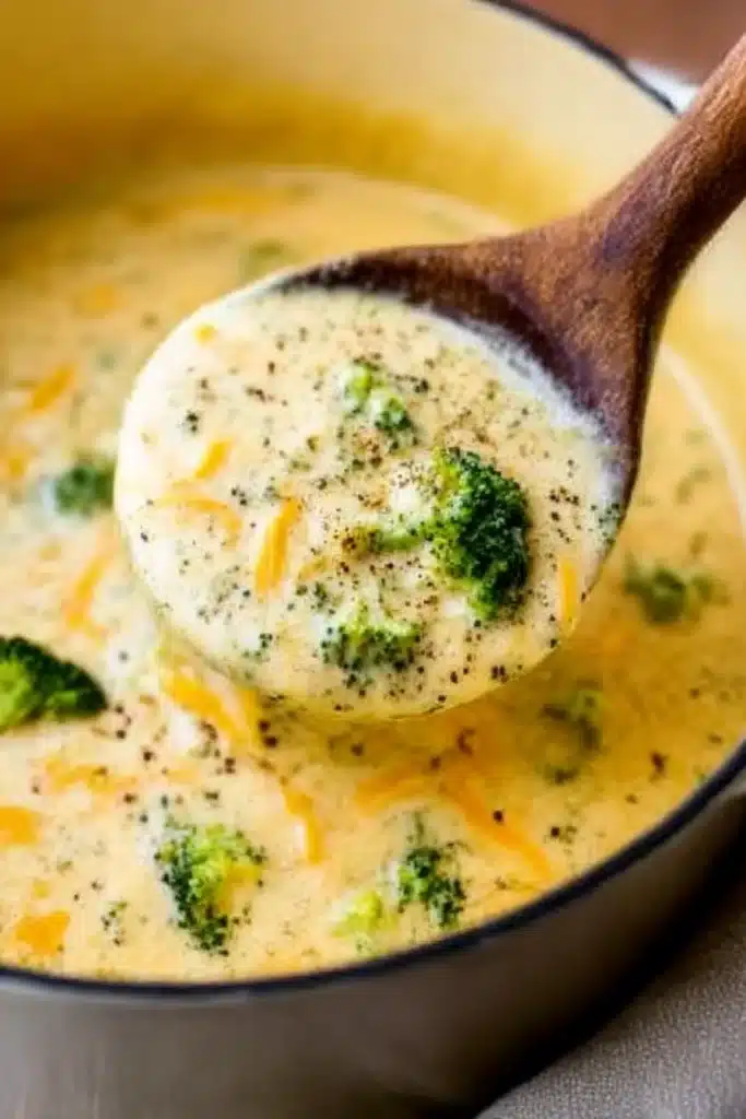 Ladle scooping creamy broccoli cheddar soup from a pot, showing melted cheese, fresh broccoli, and black pepper seasoning.