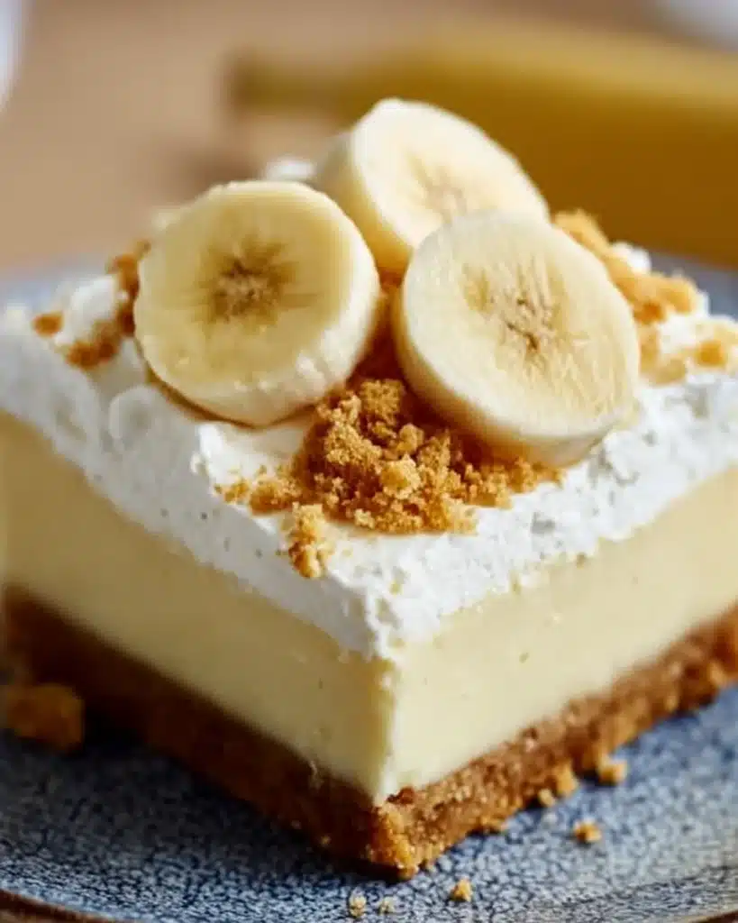Banana Pudding Cheesecake Bars: Easy & Creamy Dessert Recipe 5 Layered banana pudding cheesecake bar topped with banana slices, whipped cream, and crushed graham crackers on a ceramic plate.